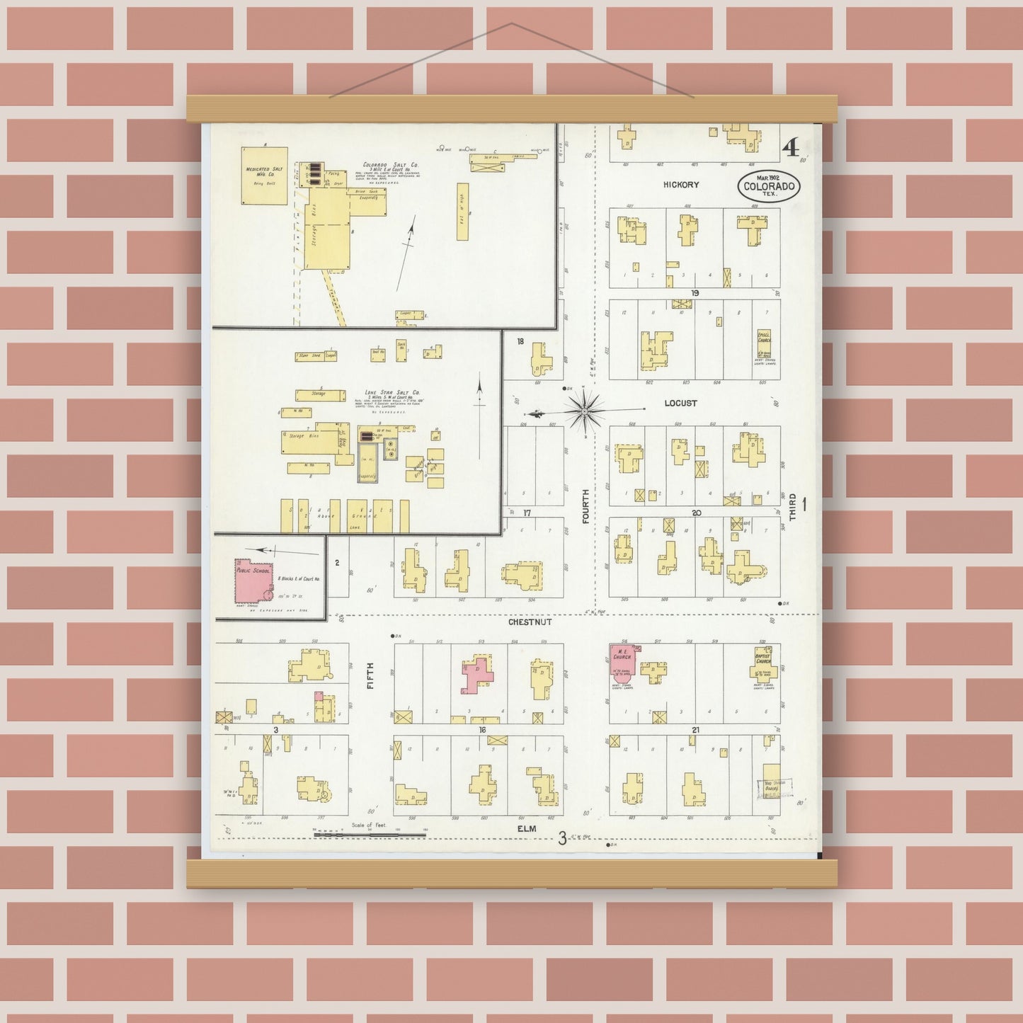 Old map wall art mockup — magnetic wood frame on brick wall — Sanborn Fire Insurance Map from Colorado, Mitchell County, Texas (1902), Sheet #0004