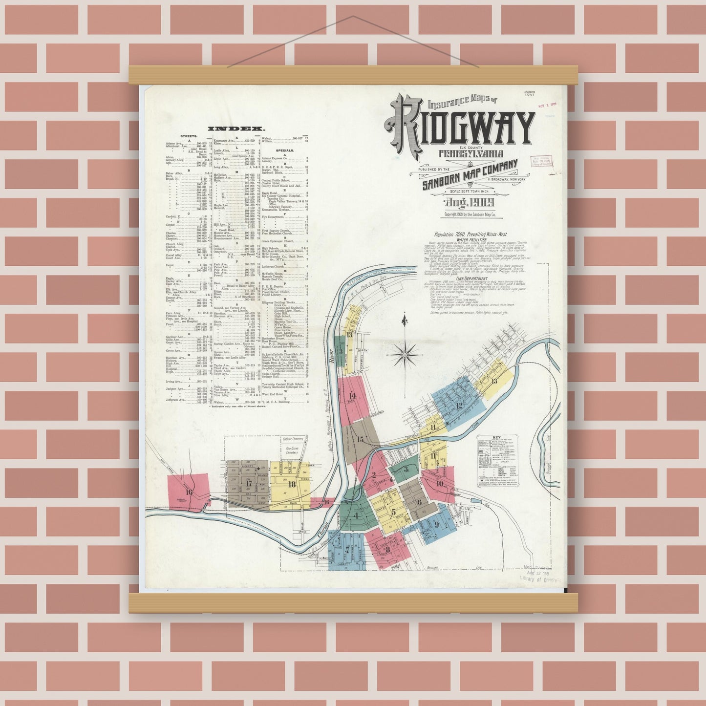 Old map wall art mockup — magnetic wood frame on brick wall — Sanborn Fire Insurance Map from Ridgway, Elk County, Pennsylvania (1909) - Complete Map Set