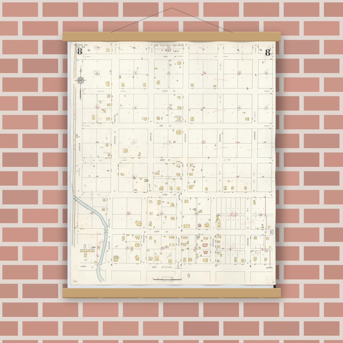 Old map wall art mockup — magnetic wood frame on brick wall — Sanborn Fire Insurance Map from Snyder, Scurry County, Texas (1942), Sheet #0008