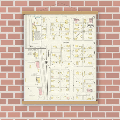 Old map wall art mockup — magnetic wood frame on brick wall — Sanborn Fire Insurance Map from Windsor, Henry County, Missouri (1909), Sheet #0003