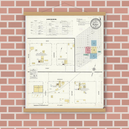 Old map wall art mockup — magnetic wood frame on brick wall — Sanborn Fire Insurance Map from Runge, Karnes County, Texas (1912), Sheet #0001