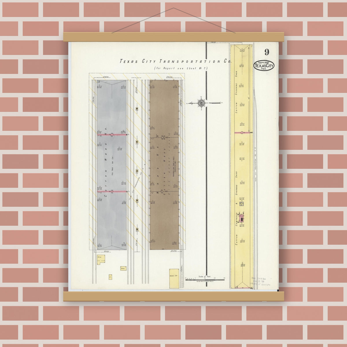 Old map wall art mockup — magnetic wood frame on brick wall — Sanborn Fire Insurance Map from Texas City, Galveston County, Texas (1920), Sheet #0009