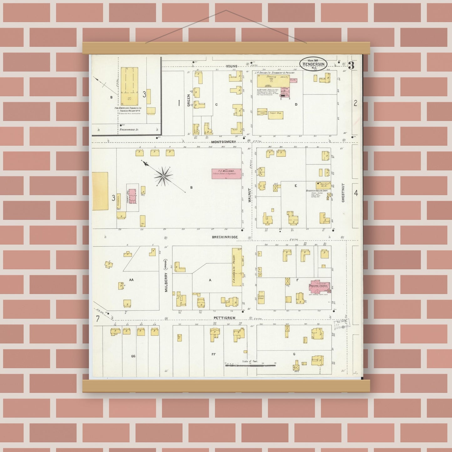 Old map wall art mockup — magnetic wood frame on brick wall — Sanborn Fire Insurance Map from Henderson, Vance County, North Carolina (1907), Sheet #0003