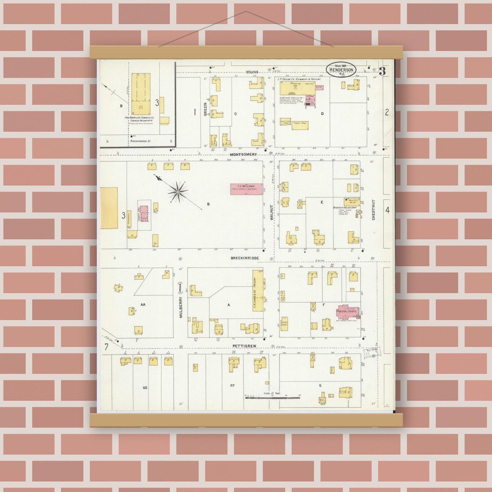 Old map wall art mockup — magnetic wood frame on brick wall — Sanborn Fire Insurance Map from Henderson, Vance County, North Carolina (1907), Sheet #0003