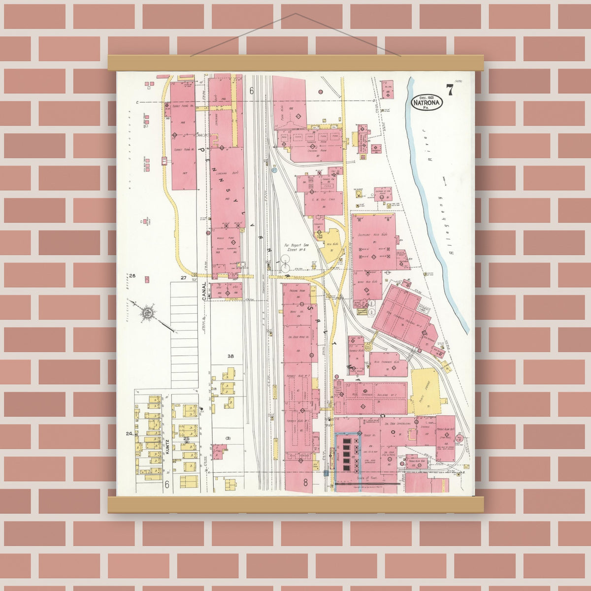 Old map wall art mockup — magnetic wood frame on brick wall — Sanborn Fire Insurance Map from Natrona, Allegheny County, Pennsylvania (1921), Sheet #0007