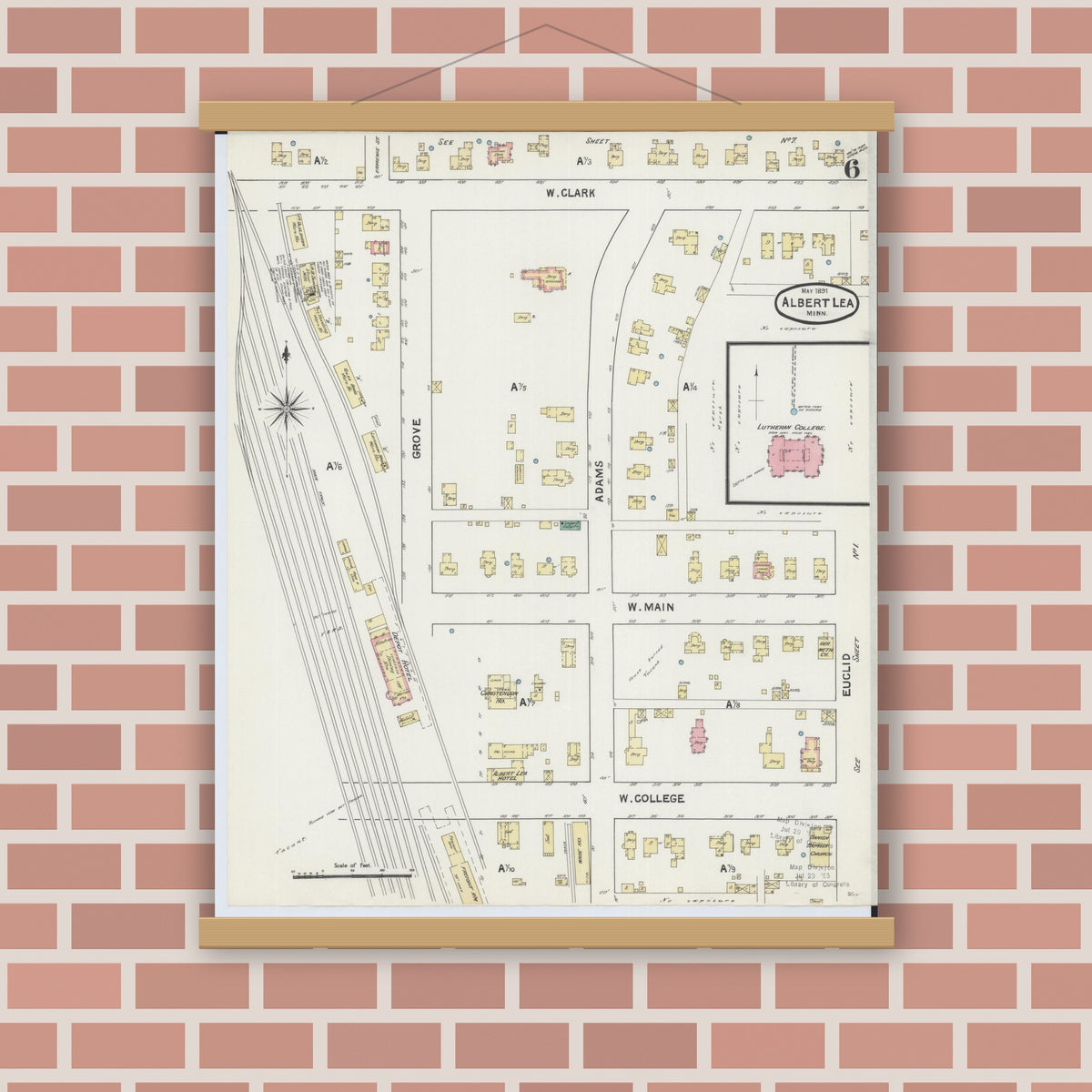 Old map wall art mockup — magnetic wood frame on brick wall — Sanborn Fire Insurance Map from Albert Lea, Freeborn County, Minnesota (1891), Sheet #0006