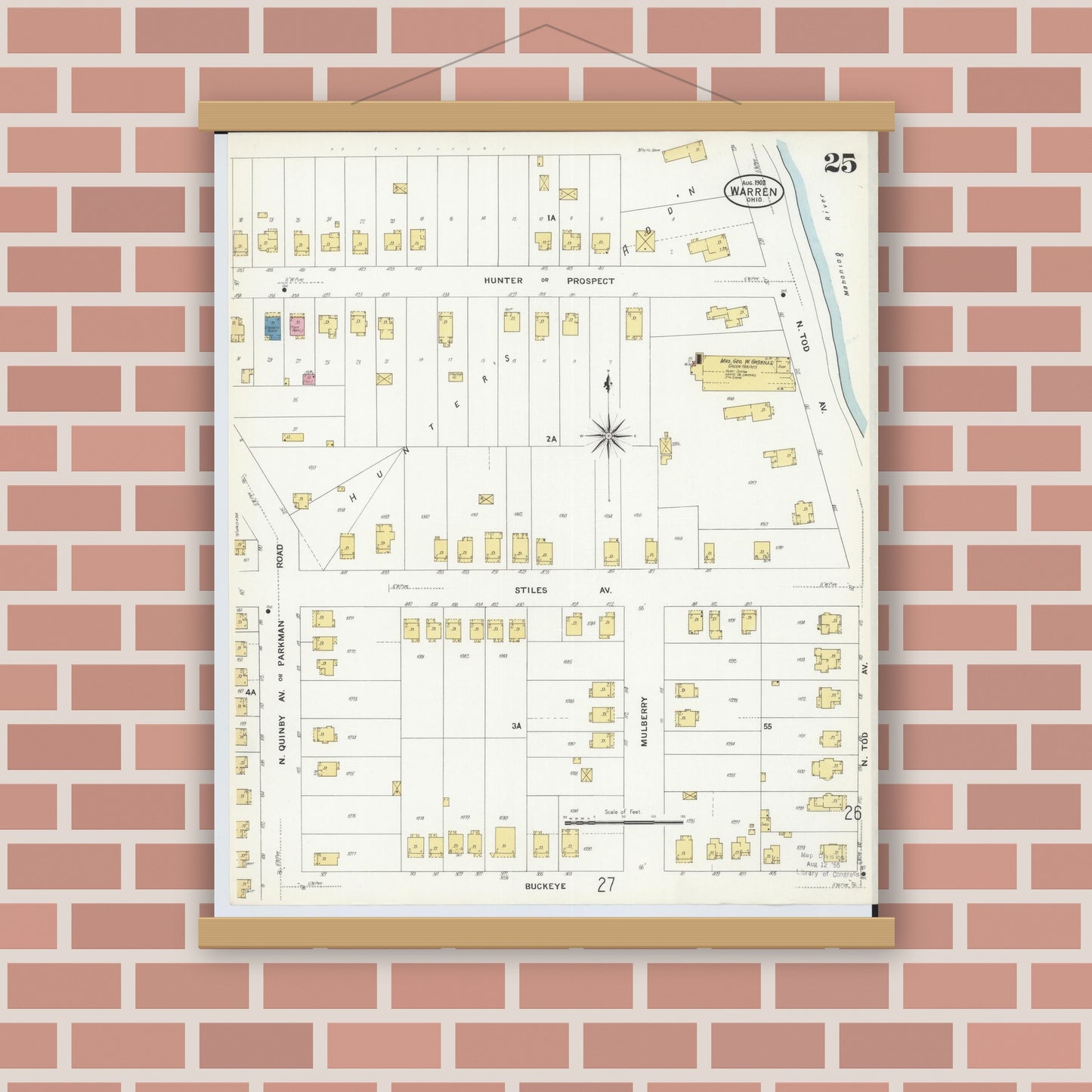 Old map wall art mockup — magnetic wood frame on brick wall — Sanborn Fire Insurance Map from Warren, Trumbull County, Ohio (1908), Sheet #0025