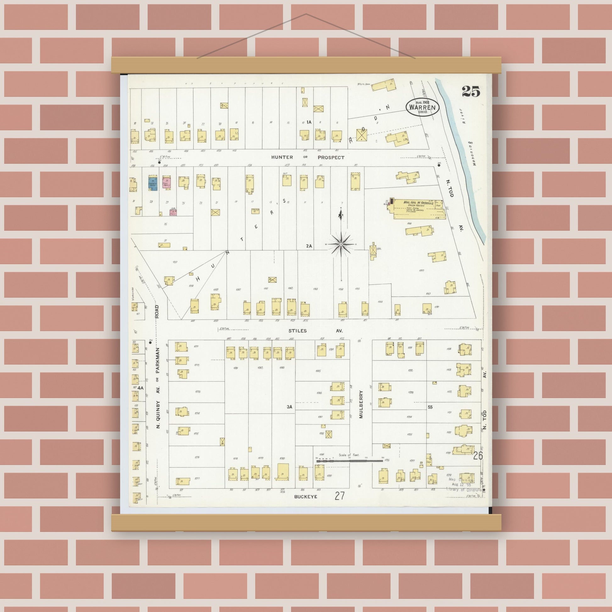 Old map wall art mockup — magnetic wood frame on brick wall — Sanborn Fire Insurance Map from Warren, Trumbull County, Ohio (1908), Sheet #0025