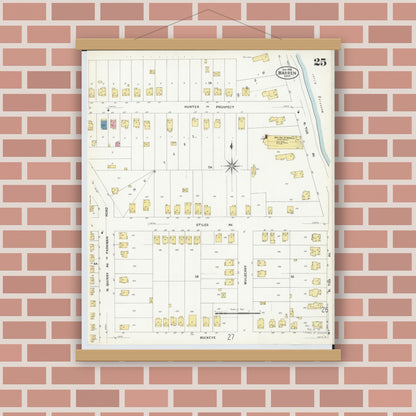 Old map wall art mockup — magnetic wood frame on brick wall — Sanborn Fire Insurance Map from Warren, Trumbull County, Ohio (1908), Sheet #0025