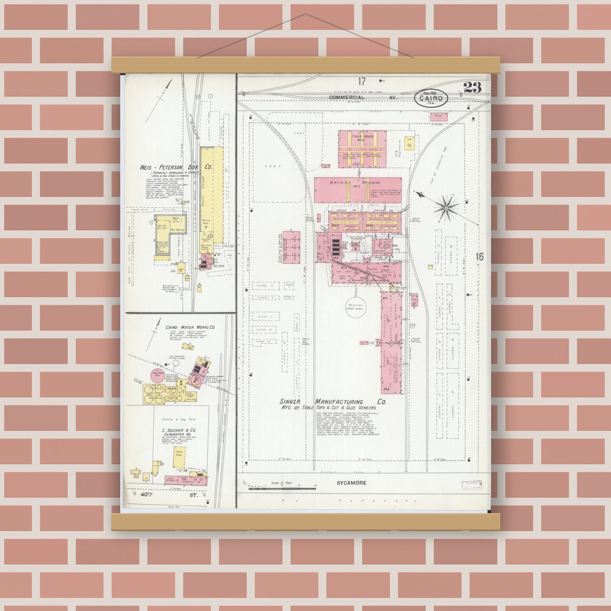 Old map wall art mockup — magnetic wood frame on brick wall — Sanborn Fire Insurance Map from Cairo, Alexander County, Illinois (1901), Sheet #0023
