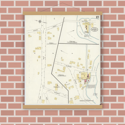 Old map wall art mockup — magnetic wood frame on brick wall — Sanborn Fire Insurance Map from Medway, Norfolk County, Massachusetts (1910), Sheet #0012