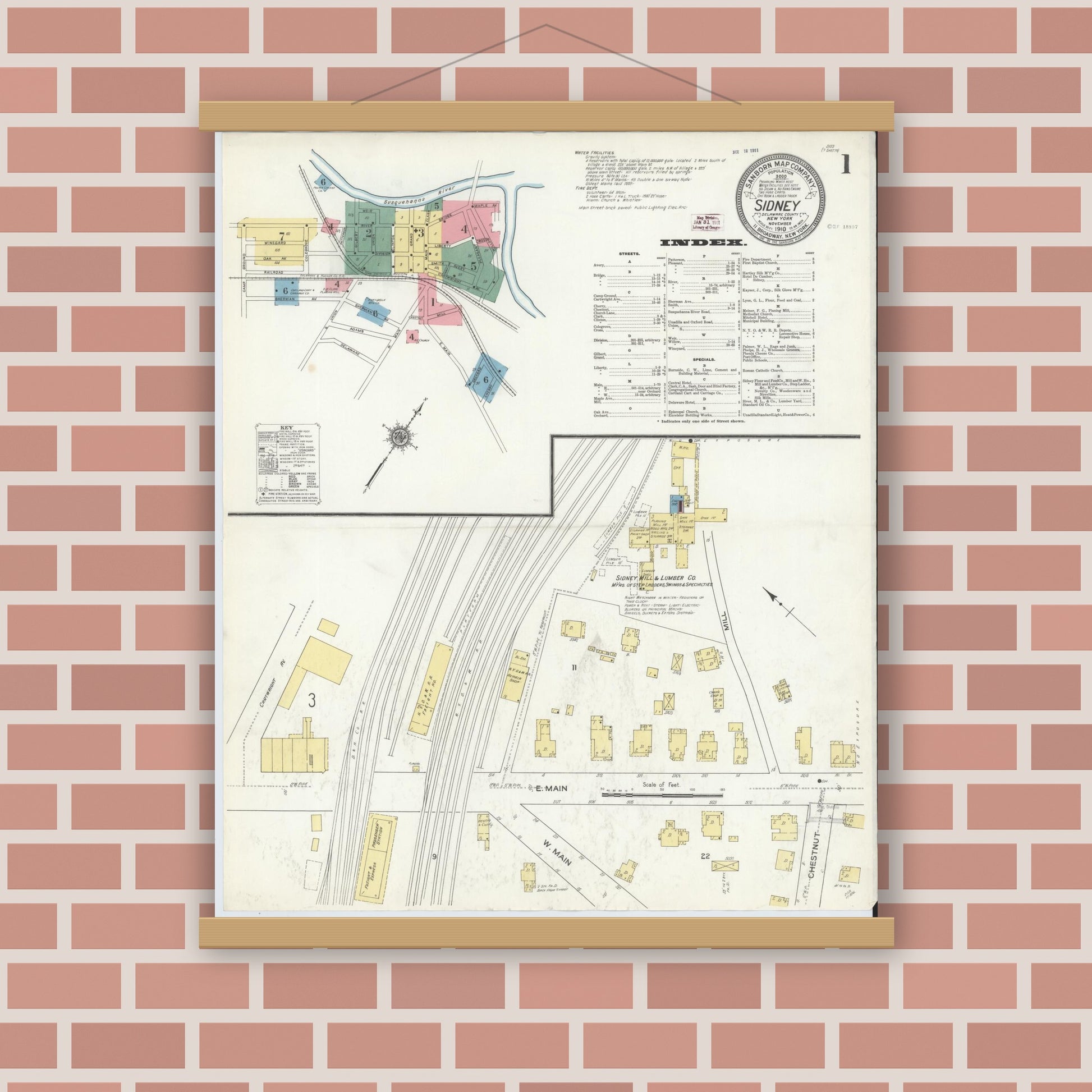 Old map wall art mockup — magnetic wood frame on brick wall — Sanborn Fire Insurance Map from Sidney, Delaware County, New York (1910) - Complete Map Set