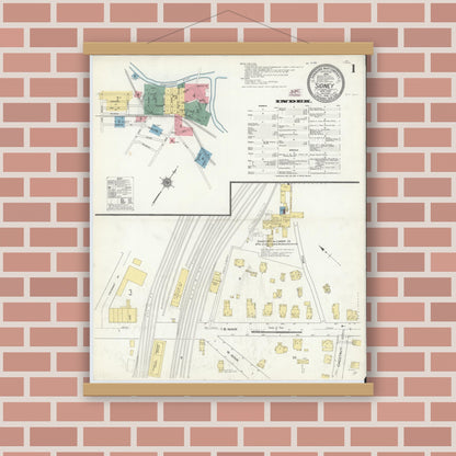 Old map wall art mockup — magnetic wood frame on brick wall — Sanborn Fire Insurance Map from Sidney, Delaware County, New York (1910) - Complete Map Set