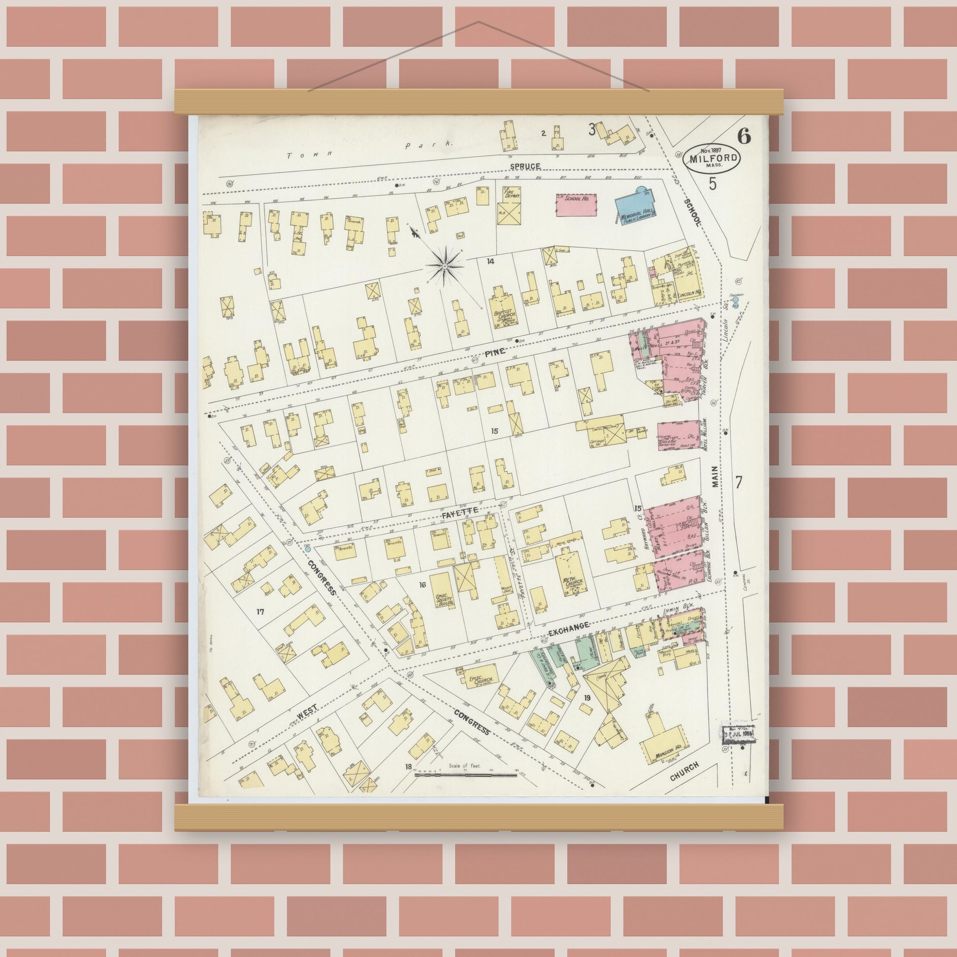 Old map wall art mockup — magnetic wood frame on brick wall — Sanborn Fire Insurance Map from Milford, Worcester County, Massachusetts (1897), Sheet #0006
