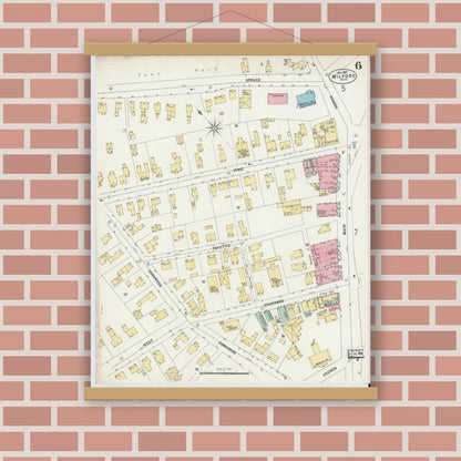 Old map wall art mockup — magnetic wood frame on brick wall — Sanborn Fire Insurance Map from Milford, Worcester County, Massachusetts (1897), Sheet #0006