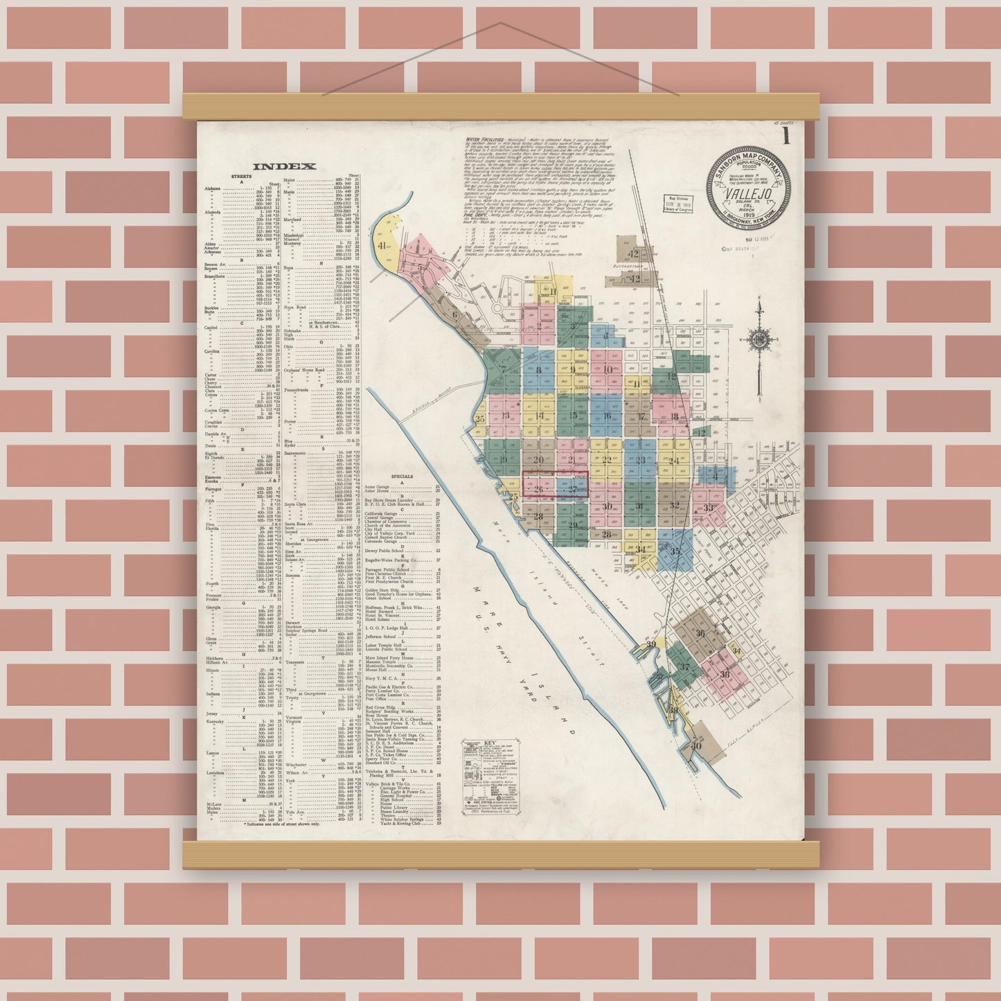 Old map wall art mockup — magnetic wood frame on brick wall — Sanborn Fire Insurance Map from Vallejo, Solano County, California (1919) - Complete Map Set
