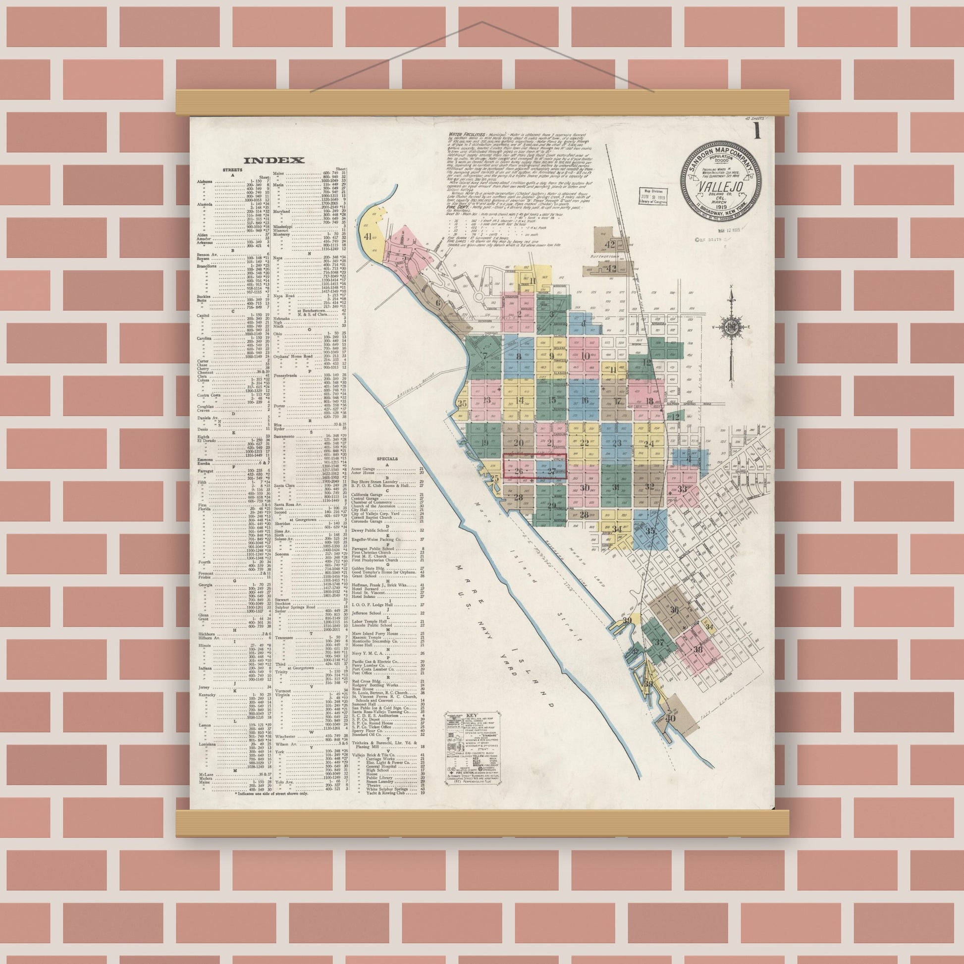 Old map wall art mockup — magnetic wood frame on brick wall — Sanborn Fire Insurance Map from Vallejo, Solano County, California (1919) - Complete Map Set