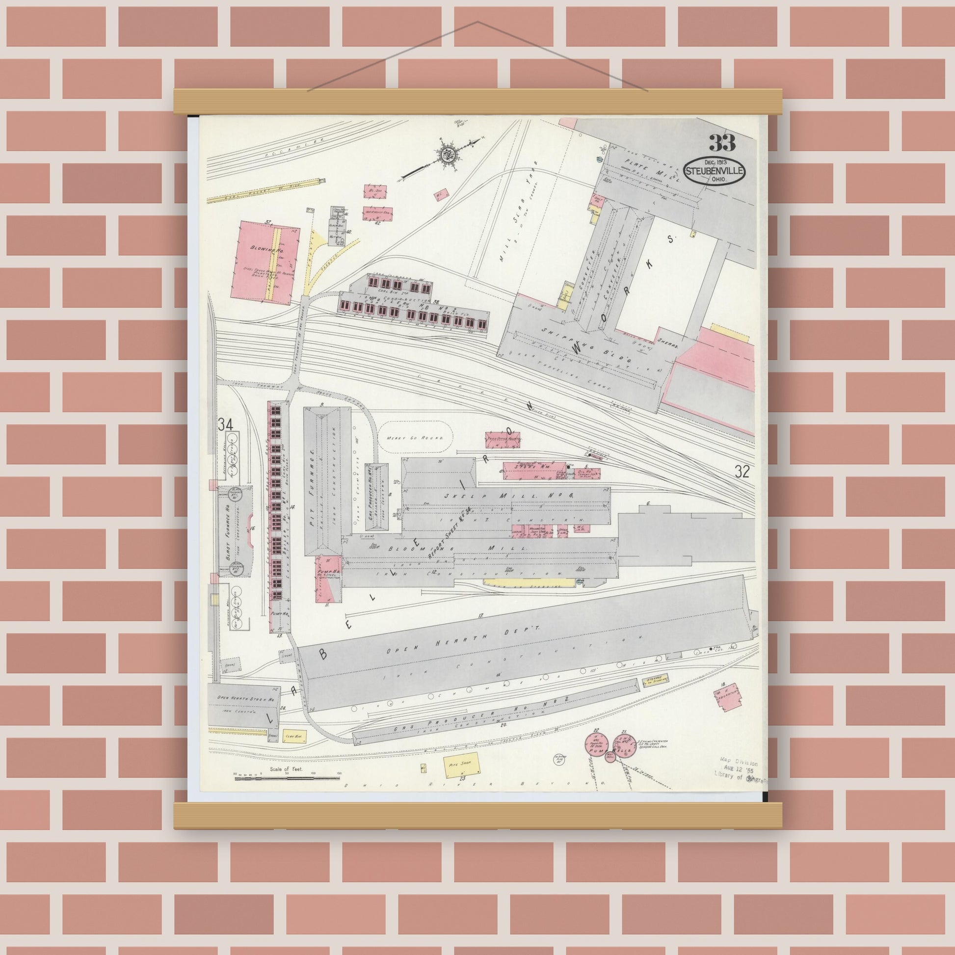 Old map wall art mockup — magnetic wood frame on brick wall — Sanborn Fire Insurance Map from Steubenville, Jefferson County, Ohio (1913), Sheet #0033