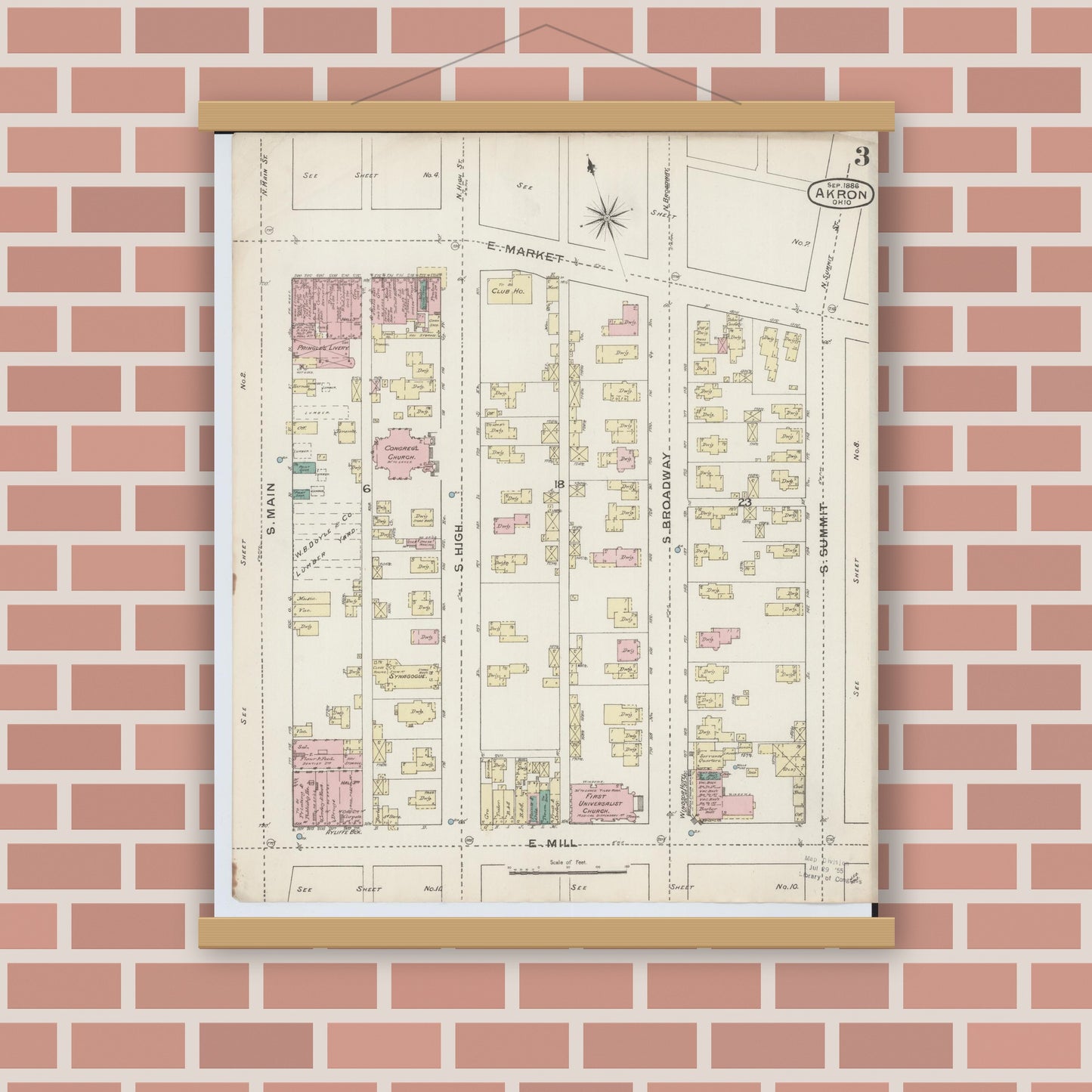 Old map wall art mockup — magnetic wood frame on brick wall — Sanborn Fire Insurance Map from Akron, Summit County, Ohio (1886), Sheet #0003