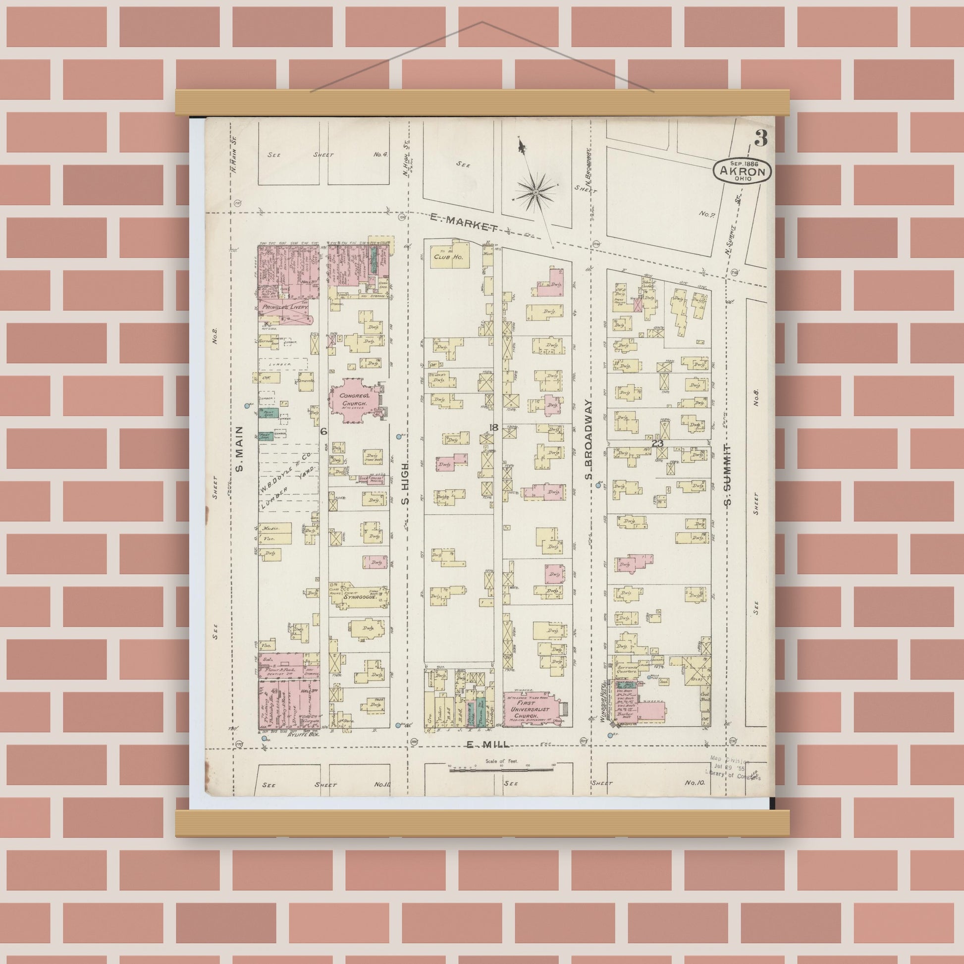 Old map wall art mockup — magnetic wood frame on brick wall — Sanborn Fire Insurance Map from Akron, Summit County, Ohio (1886), Sheet #0003