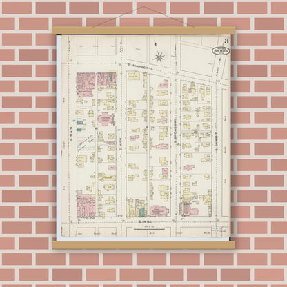 Old map wall art mockup — magnetic wood frame on brick wall — Sanborn Fire Insurance Map from Akron, Summit County, Ohio (1886), Sheet #0003