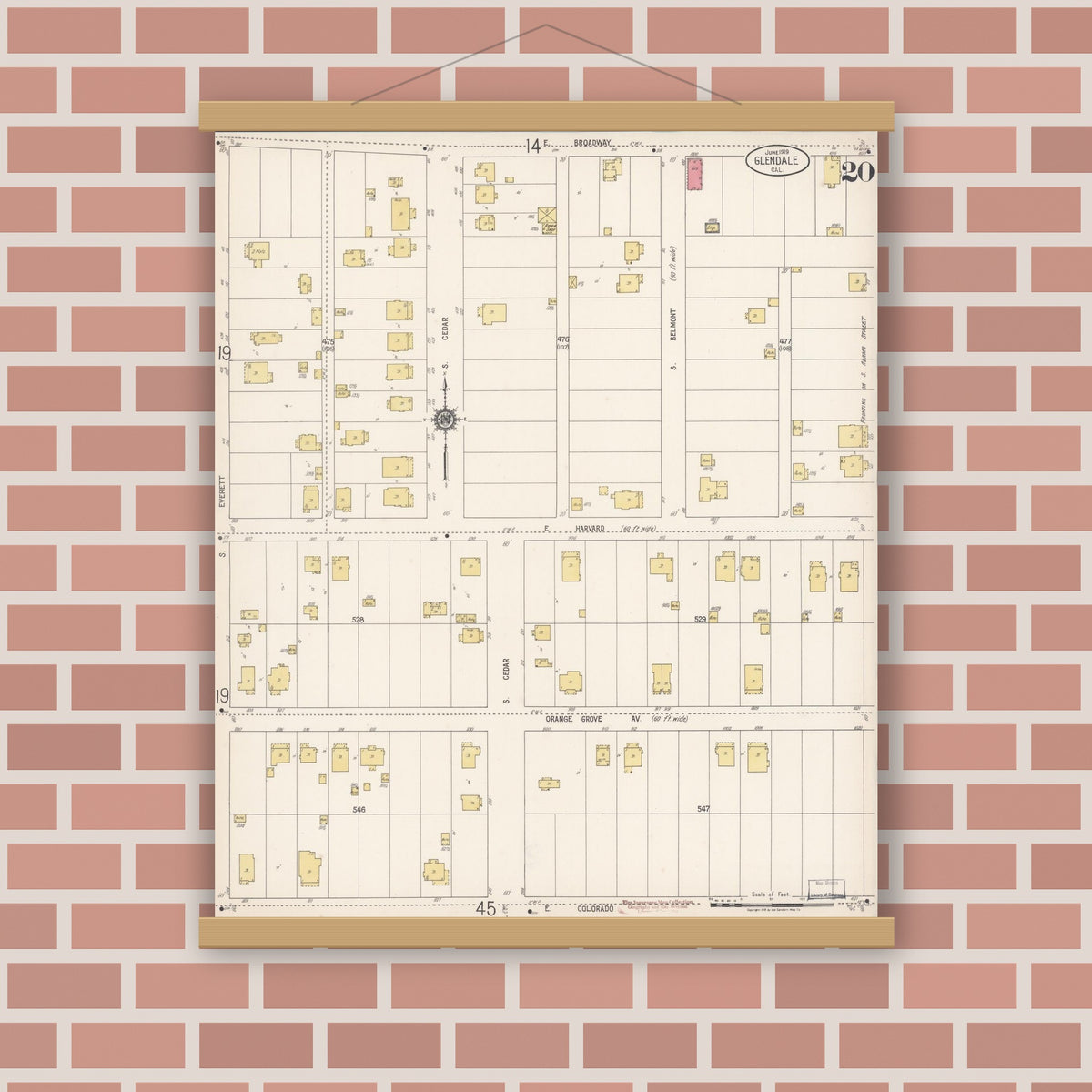 Old map wall art mockup — magnetic wood frame on brick wall — Sanborn Fire Insurance Map from Glendale, Los Angeles County, California (1919), Sheet #0020