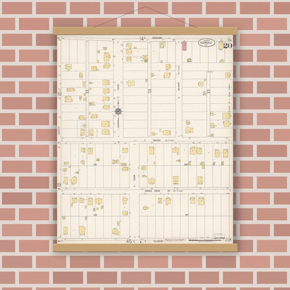 Old map wall art mockup — magnetic wood frame on brick wall — Sanborn Fire Insurance Map from Glendale, Los Angeles County, California (1919), Sheet #0020