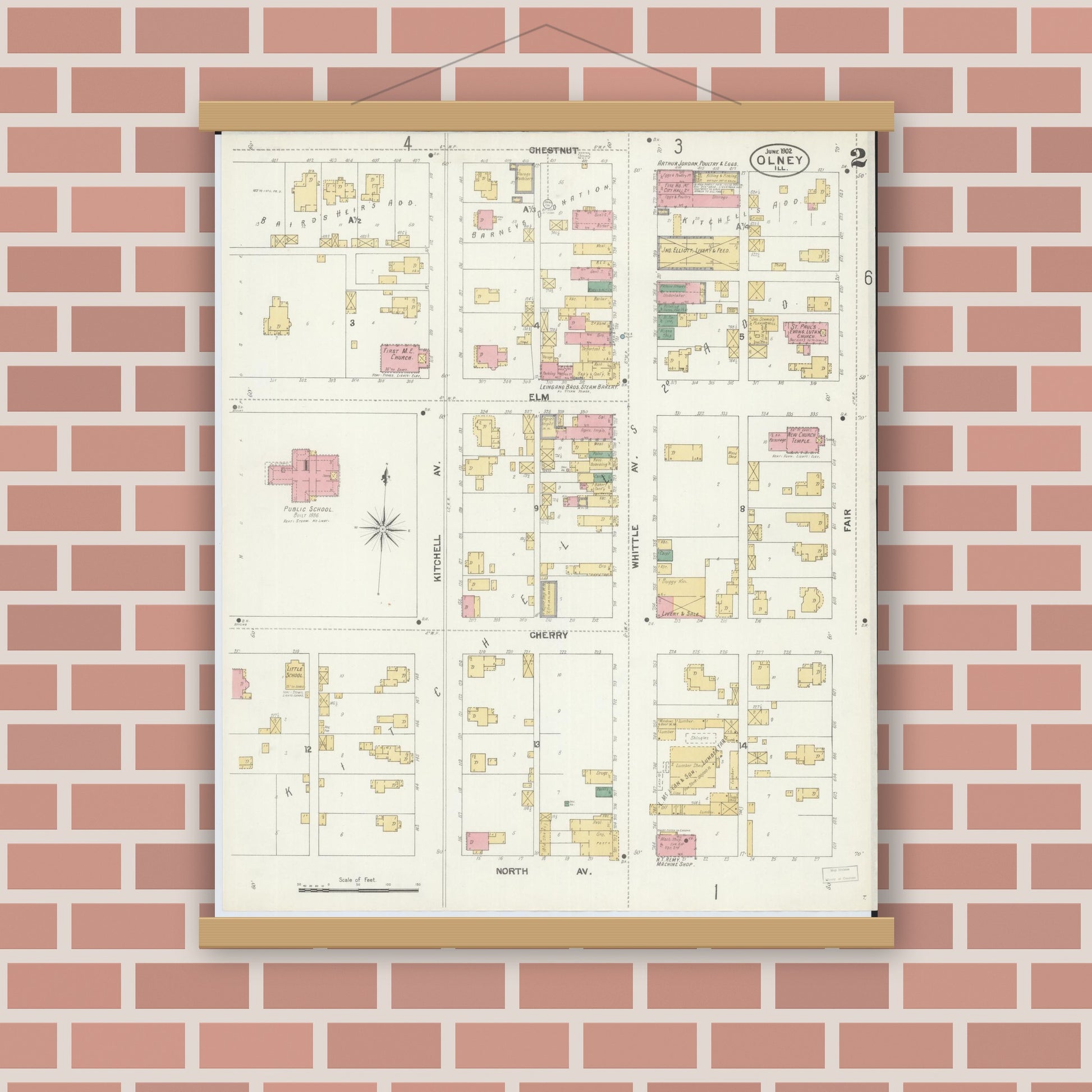 Old map wall art mockup — magnetic wood frame on brick wall — Sanborn Fire Insurance Map from Olney, Richland County, Illinois (1902), Sheet #0002