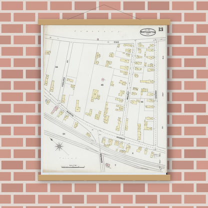 Old map wall art mockup — magnetic wood frame on brick wall — Sanborn Fire Insurance Map from Northampton, Hampshire County, Massachusetts (1889), Sheet #0013
