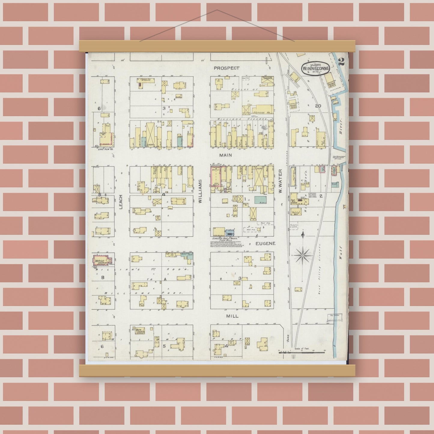 Old map wall art mockup — magnetic wood frame on brick wall — Sanborn Fire Insurance Map from Winneconne, Winnebago County, Wisconsin (1893), Sheet #0002
