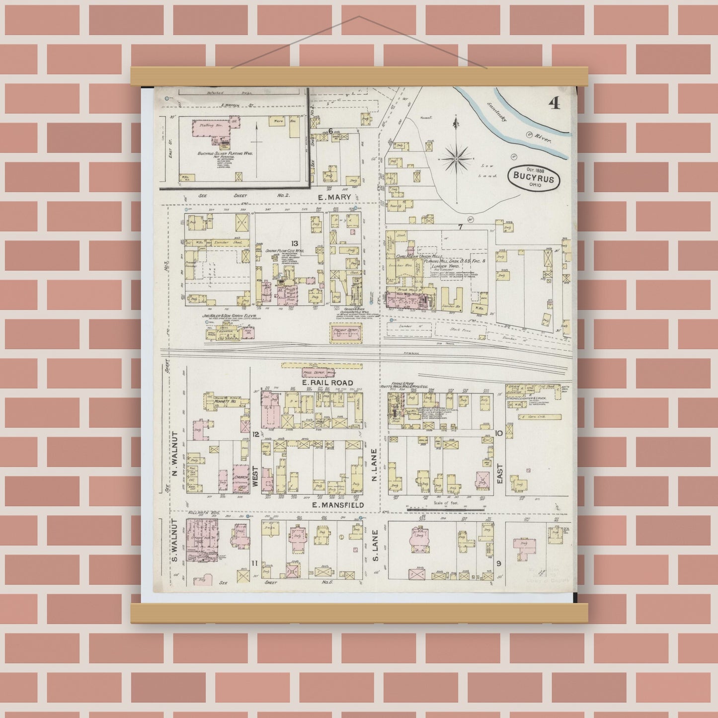 Old map wall art mockup — magnetic wood frame on brick wall — Sanborn Fire Insurance Map from Bucyrus, Crawford County, Ohio (1888), Sheet #0004