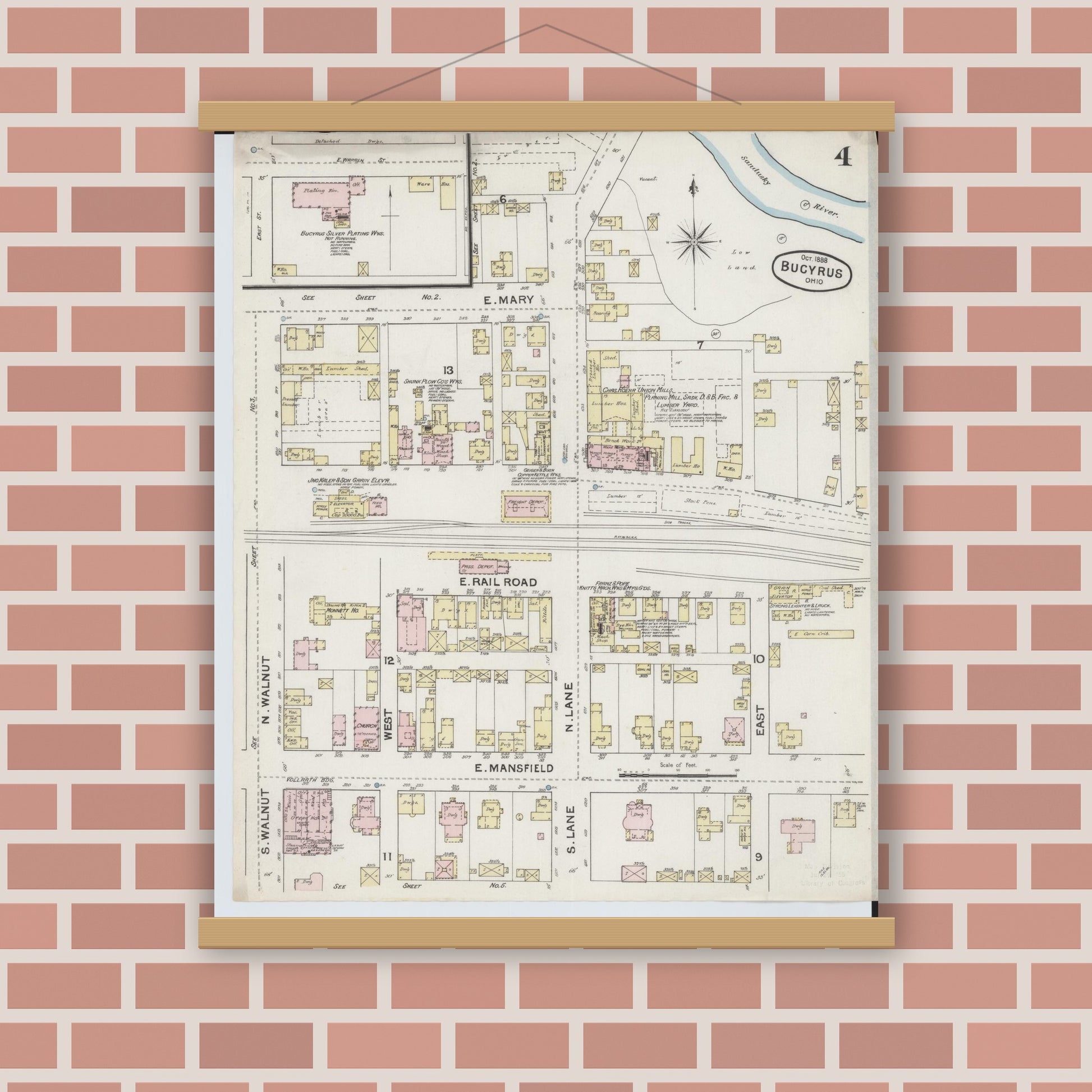 Old map wall art mockup — magnetic wood frame on brick wall — Sanborn Fire Insurance Map from Bucyrus, Crawford County, Ohio (1888), Sheet #0004