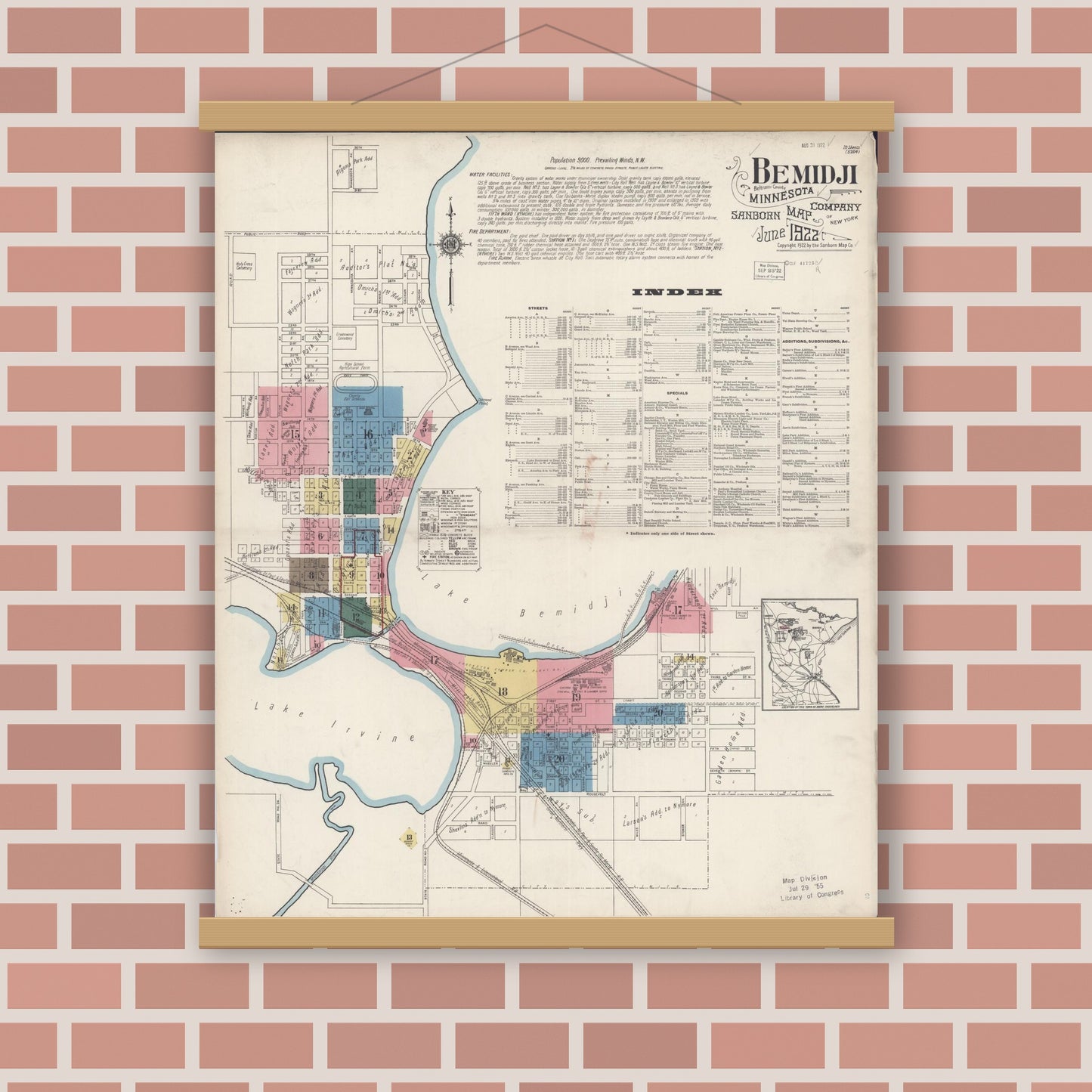 Old map wall art mockup — magnetic wood frame on brick wall — Sanborn Fire Insurance Map from Bemidji, Beltrami County, Minnesota (1922), Sheet #0001