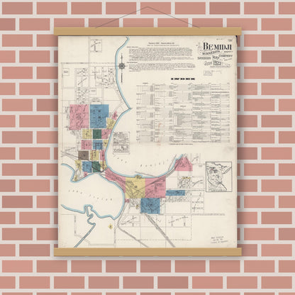 Old map wall art mockup — magnetic wood frame on brick wall — Sanborn Fire Insurance Map from Bemidji, Beltrami County, Minnesota (1922), Sheet #0001