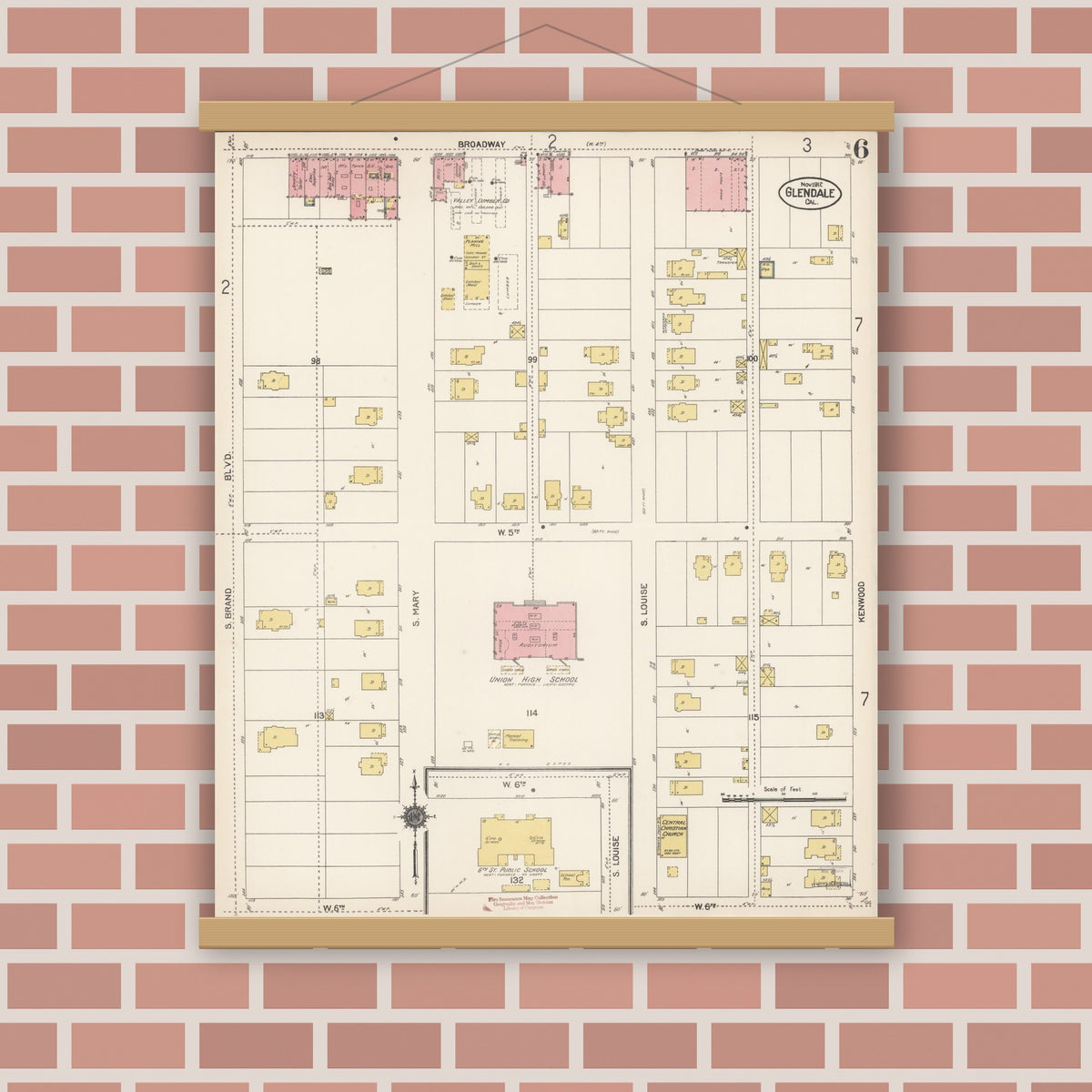 Old map wall art mockup — magnetic wood frame on brick wall — Sanborn Fire Insurance Map from Glendale, Los Angeles County, California (1912), Sheet #0006