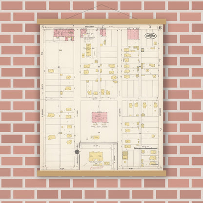 Old map wall art mockup — magnetic wood frame on brick wall — Sanborn Fire Insurance Map from Glendale, Los Angeles County, California (1912), Sheet #0006