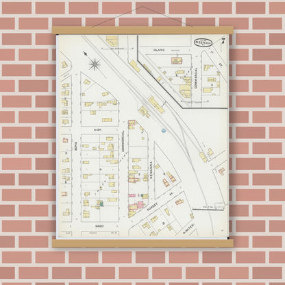 Old map wall art mockup — magnetic wood frame on brick wall — Sanborn Fire Insurance Map from Neenah, Winnebago County, Wisconsin (1891), Sheet #0007
