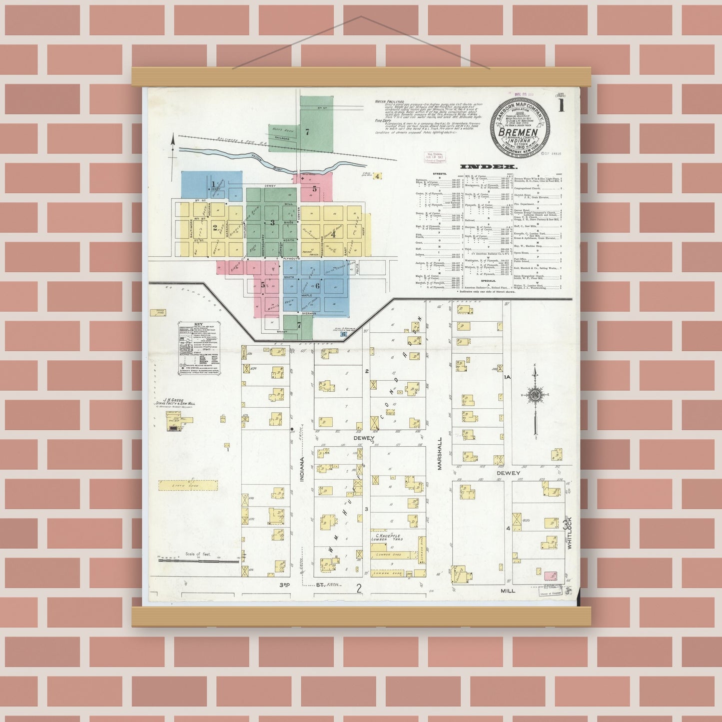 Old map wall art mockup — magnetic wood frame on brick wall — Sanborn Fire Insurance Map from Bremen, Marshall County, Indiana (1910) - Complete Map Set