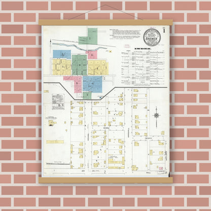 Old map wall art mockup — magnetic wood frame on brick wall — Sanborn Fire Insurance Map from Bremen, Marshall County, Indiana (1910) - Complete Map Set