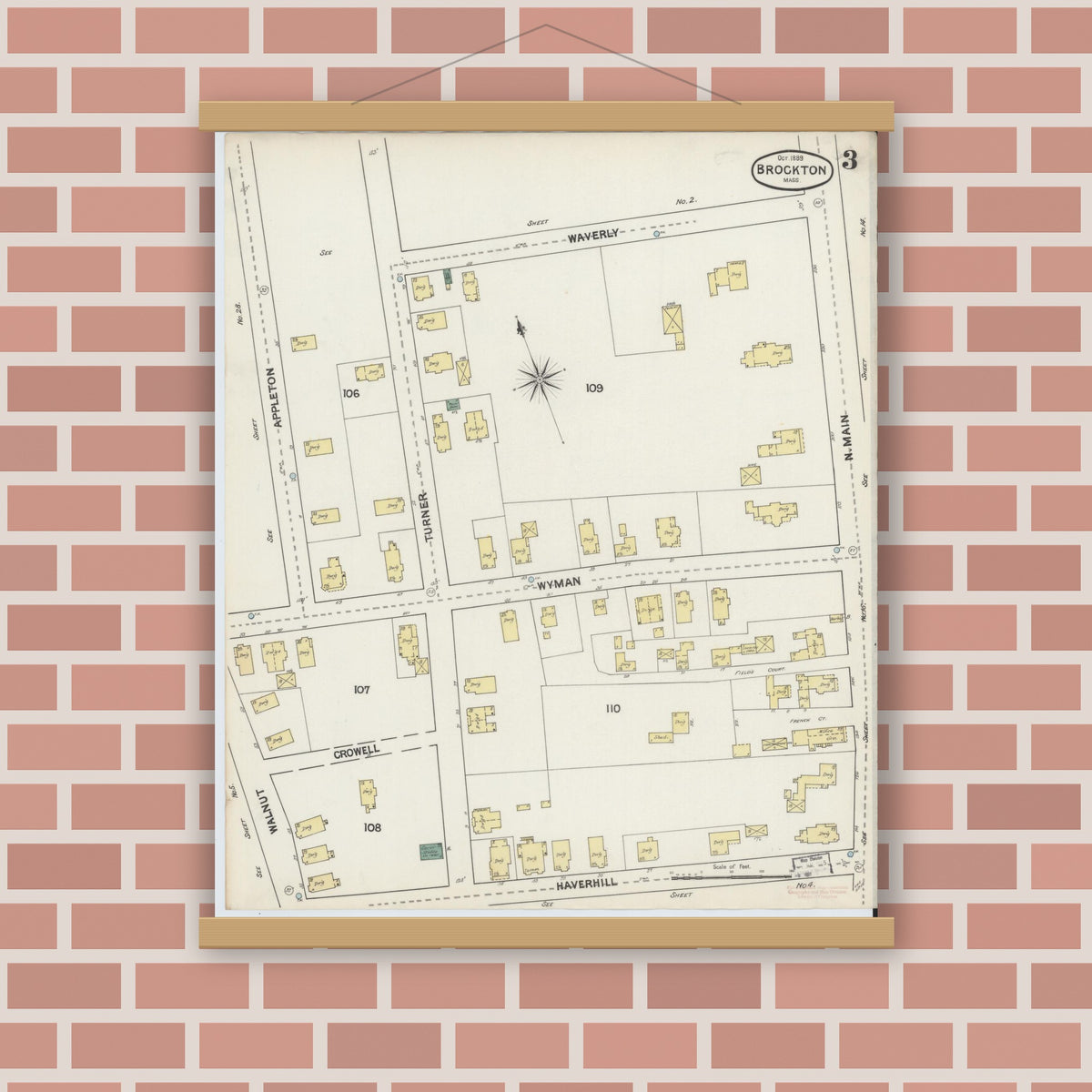 Old map wall art mockup — magnetic wood frame on brick wall — Sanborn Fire Insurance Map from Brockton, Plymouth County, Massachusetts (1889), Sheet #0003