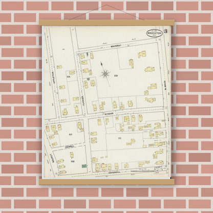 Old map wall art mockup — magnetic wood frame on brick wall — Sanborn Fire Insurance Map from Brockton, Plymouth County, Massachusetts (1889), Sheet #0003