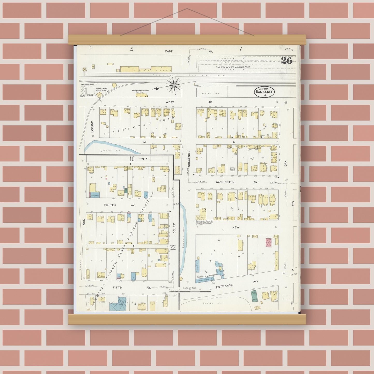 Old map wall art mockup — magnetic wood frame on brick wall — Sanborn Fire Insurance Map from Kankakee, Kankakee County, Illinois (1907), Sheet #0026