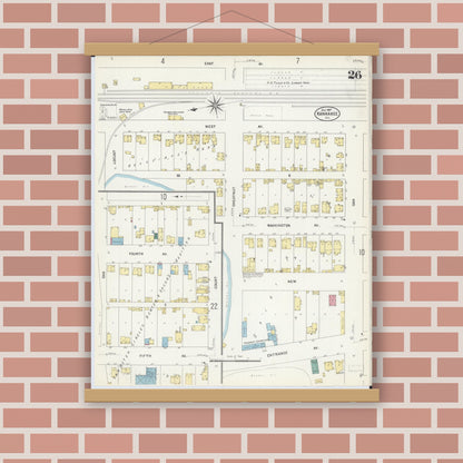 Old map wall art mockup — magnetic wood frame on brick wall — Sanborn Fire Insurance Map from Kankakee, Kankakee County, Illinois (1907), Sheet #0026