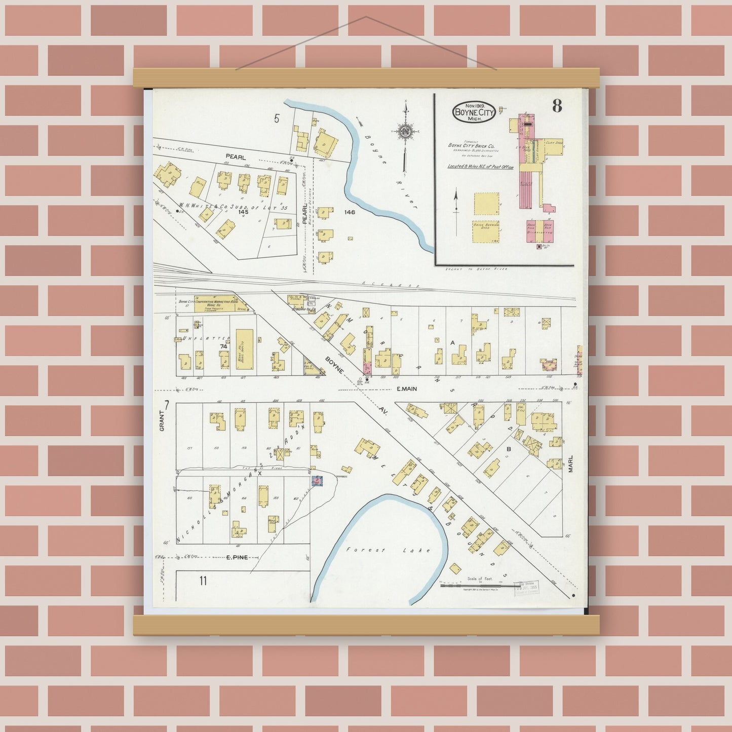 Old map wall art mockup — magnetic wood frame on brick wall — Sanborn Fire Insurance Map from Boyne City, Charlevoix County, Michigan (1919), Sheet #0008