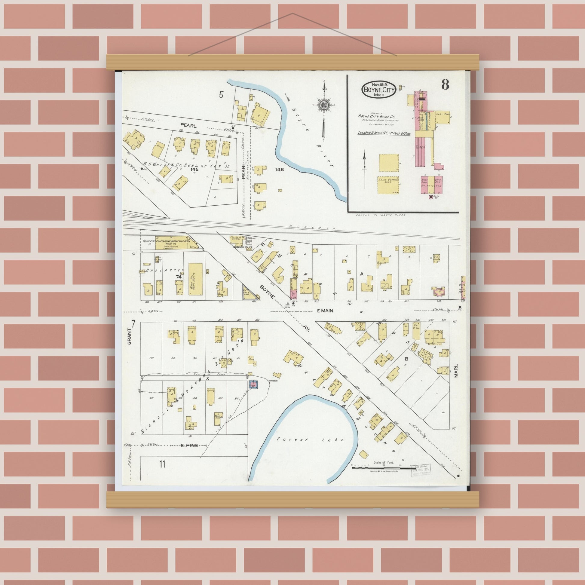 Old map wall art mockup — magnetic wood frame on brick wall — Sanborn Fire Insurance Map from Boyne City, Charlevoix County, Michigan (1919), Sheet #0008