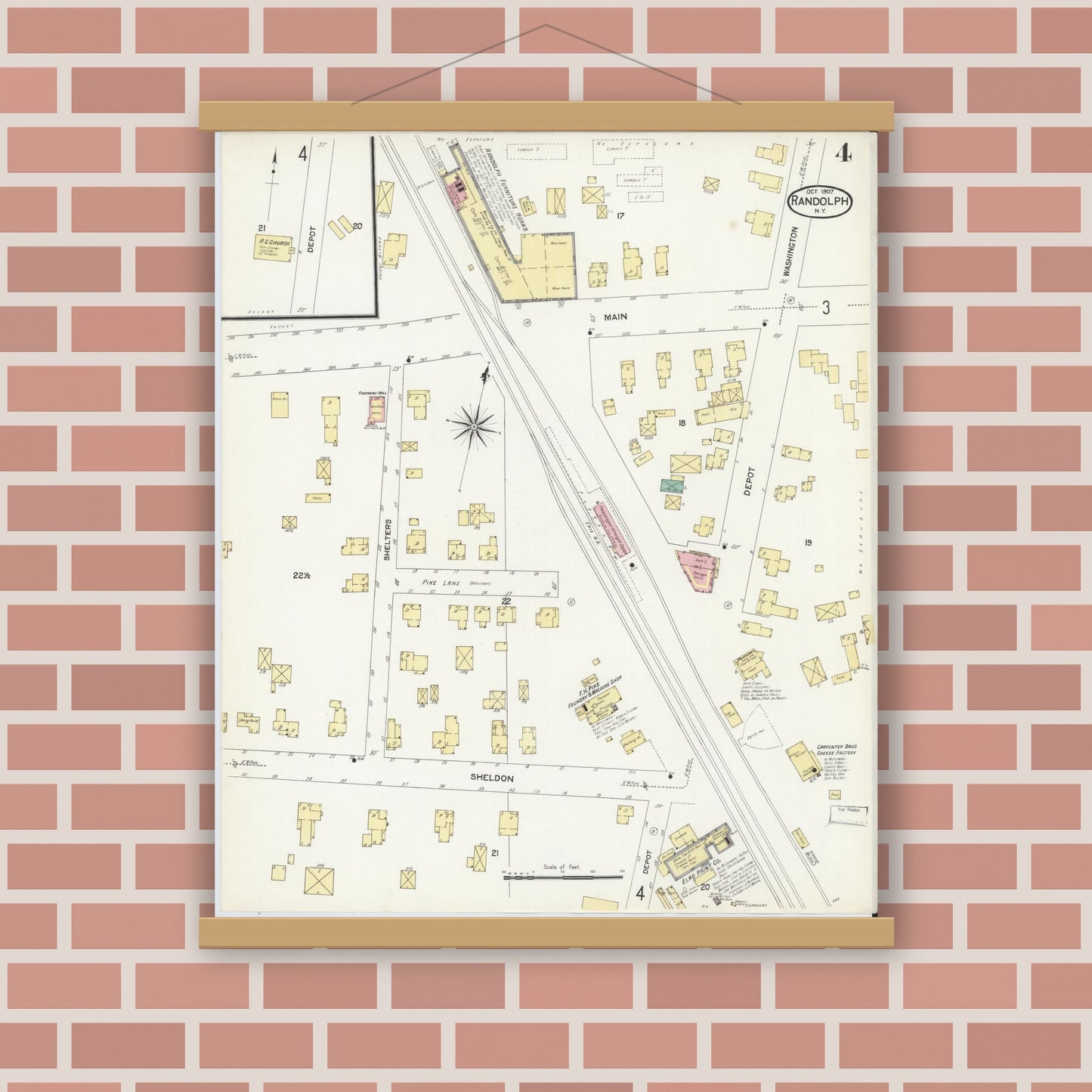 Old map wall art mockup — magnetic wood frame on brick wall — Sanborn Fire Insurance Map from Randolph, Cattaraugus County, New York (1907), Sheet #0004