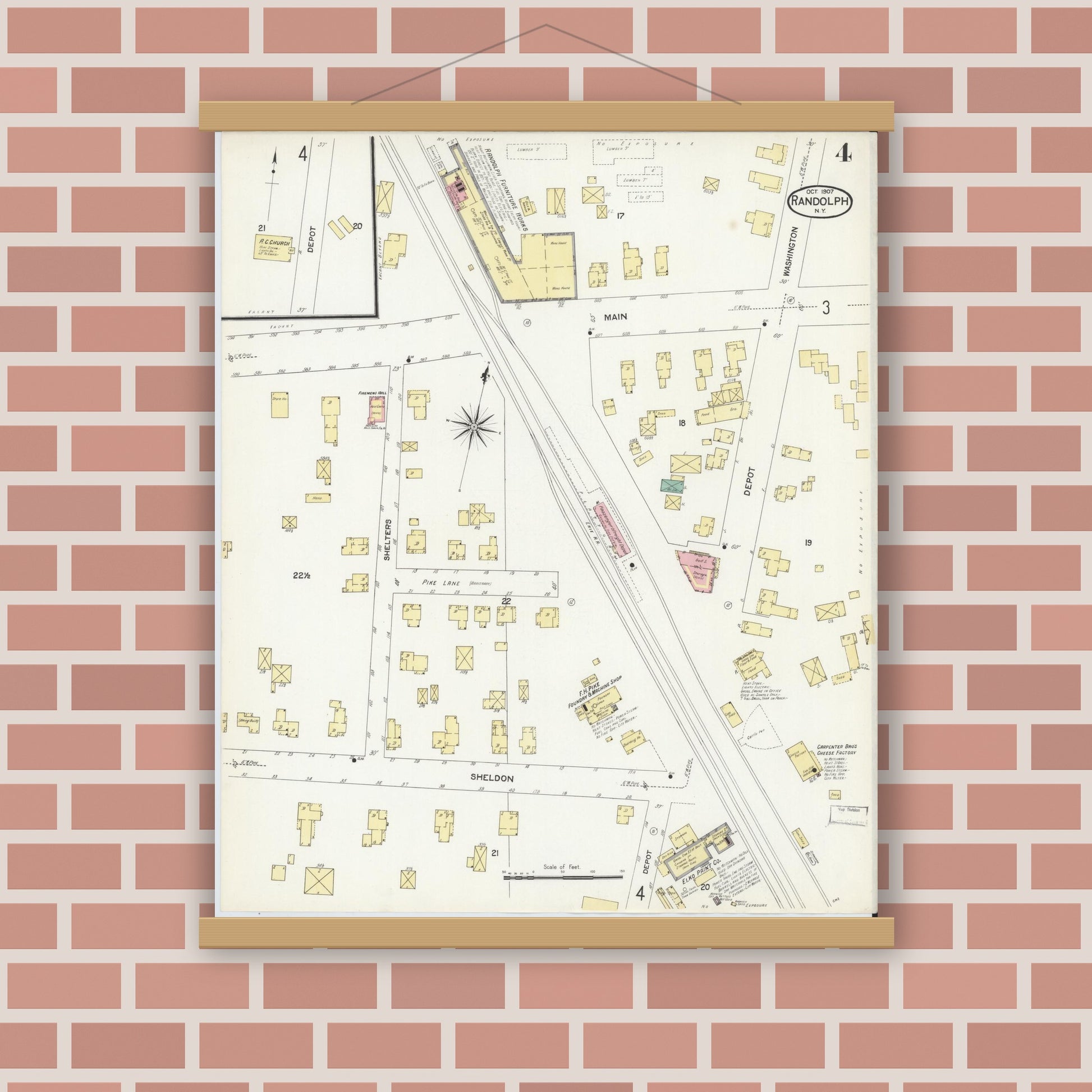Old map wall art mockup — magnetic wood frame on brick wall — Sanborn Fire Insurance Map from Randolph, Cattaraugus County, New York (1907), Sheet #0004