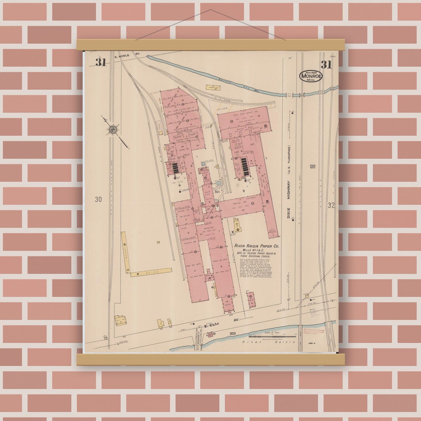 Old map wall art mockup — magnetic wood frame on brick wall — Sanborn Fire Insurance Map from Monroe, Monroe County, Michigan (1922), Sheet #0031