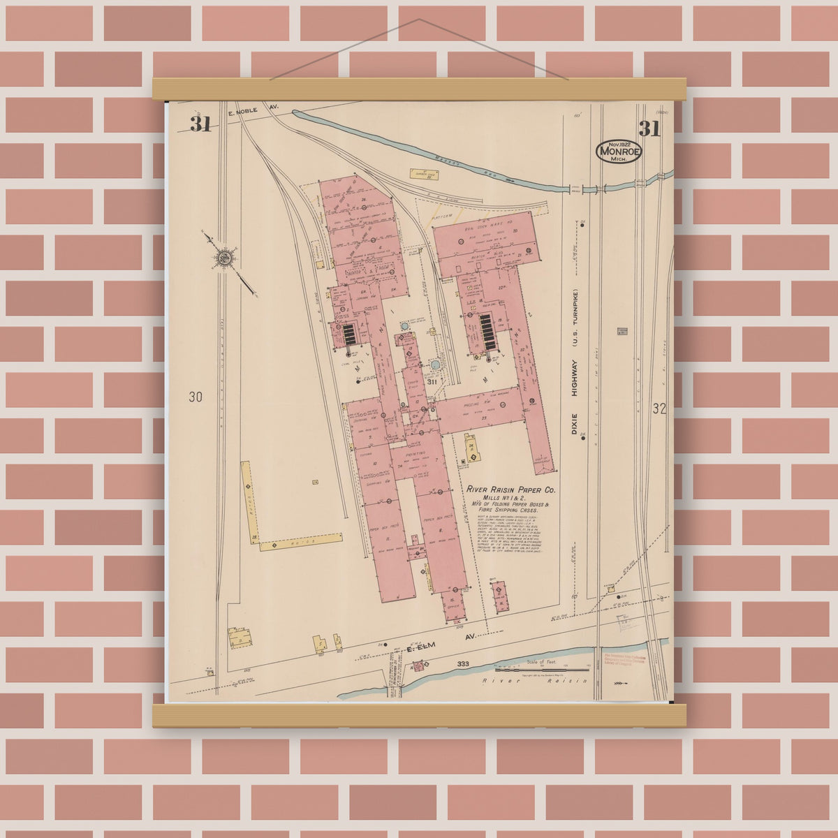 Old map wall art mockup — magnetic wood frame on brick wall — Sanborn Fire Insurance Map from Monroe, Monroe County, Michigan (1922), Sheet #0031