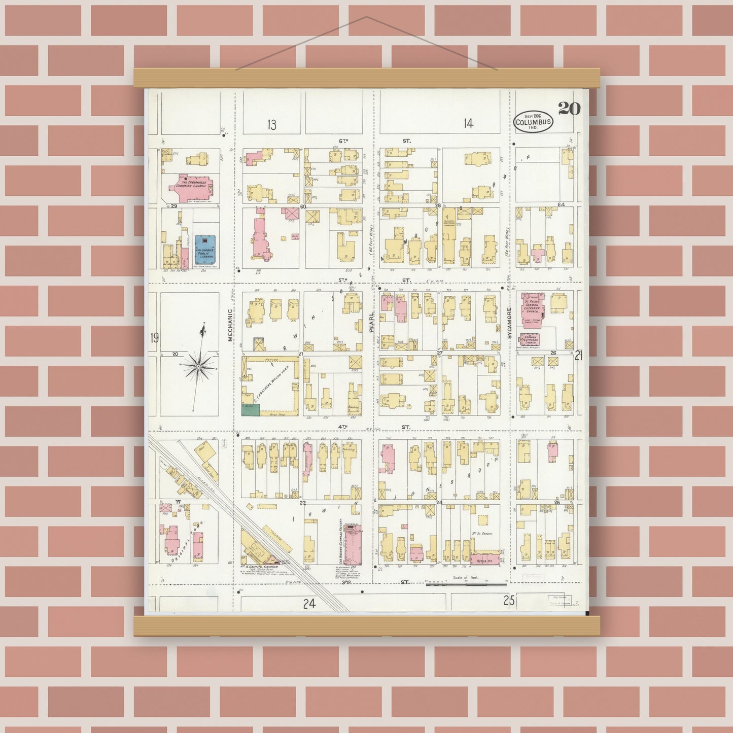 Old map wall art mockup — magnetic wood frame on brick wall — Sanborn Fire Insurance Map from Columbus, Bartholomew County, Indiana (1906), Sheet #0020